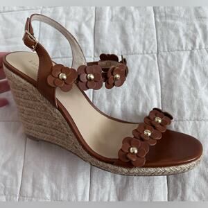 Kate Spade Brown Leather Strappy Floral Tisdale Espadrille Wedge Sandals Boho-8M